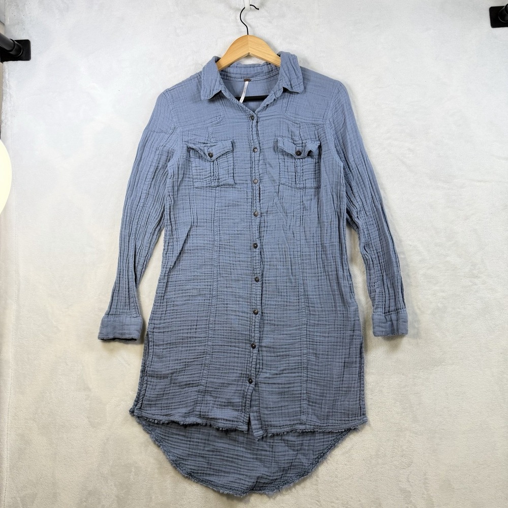 Free People Blue Gauze Cotton Tunic Shirt Dress Hi Lo Fringe Hem SMALL